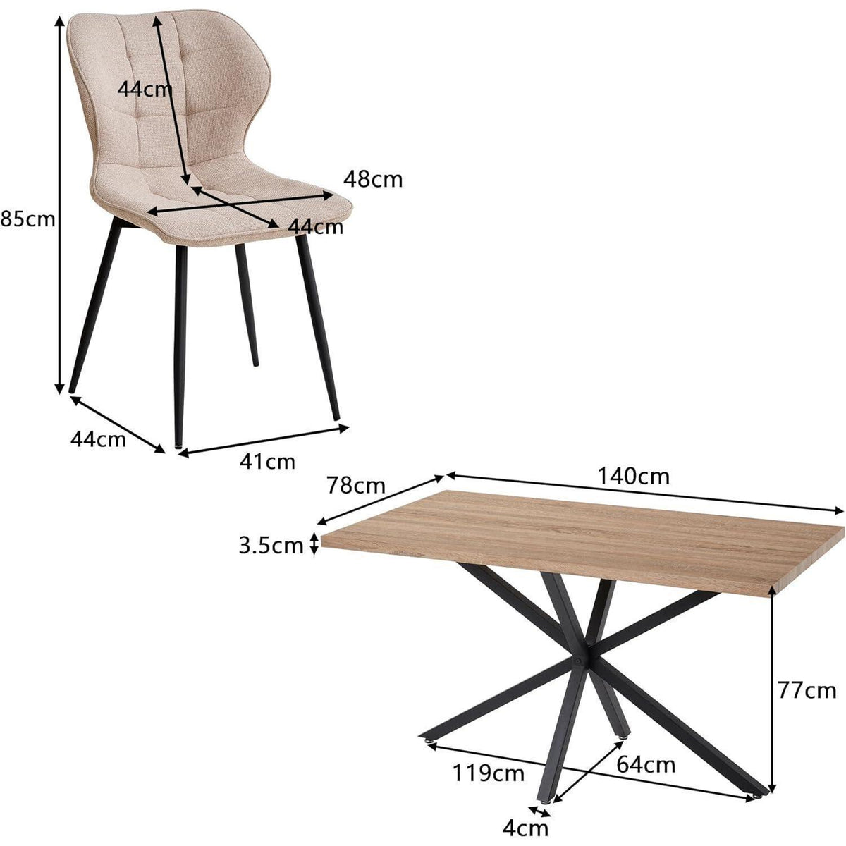 Modernes Esszimmer-Set: Tisch (140x80cm) + 4 Khaki Leinenstühle
