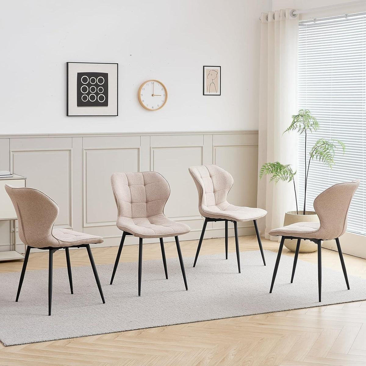 Modernes Esszimmer-Set: Tisch (140x80cm) + 4 Khaki Leinenstühle