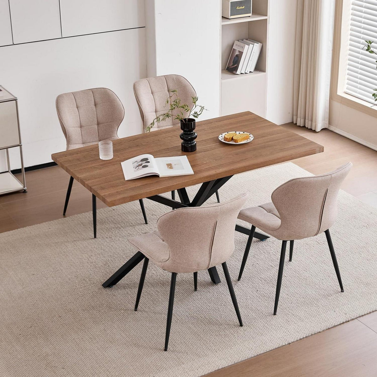Modernes Esszimmer-Set: Dunkler Holztisch (140x80cm) + 4 Khaki Stühle