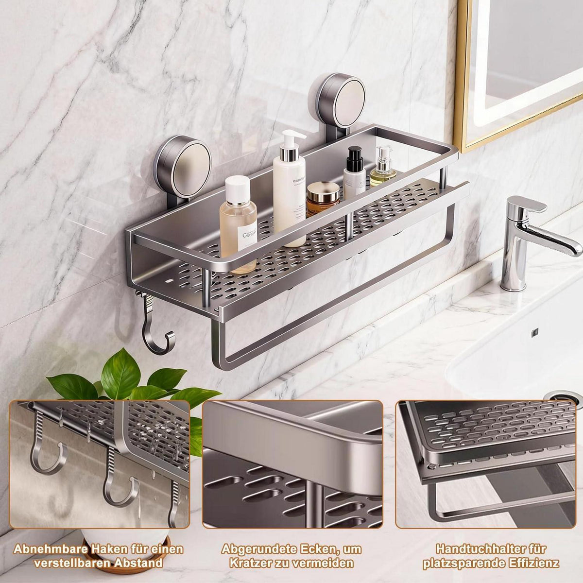 Duschablage ohne Bohren | Saugnapf Duschregal mit Haken