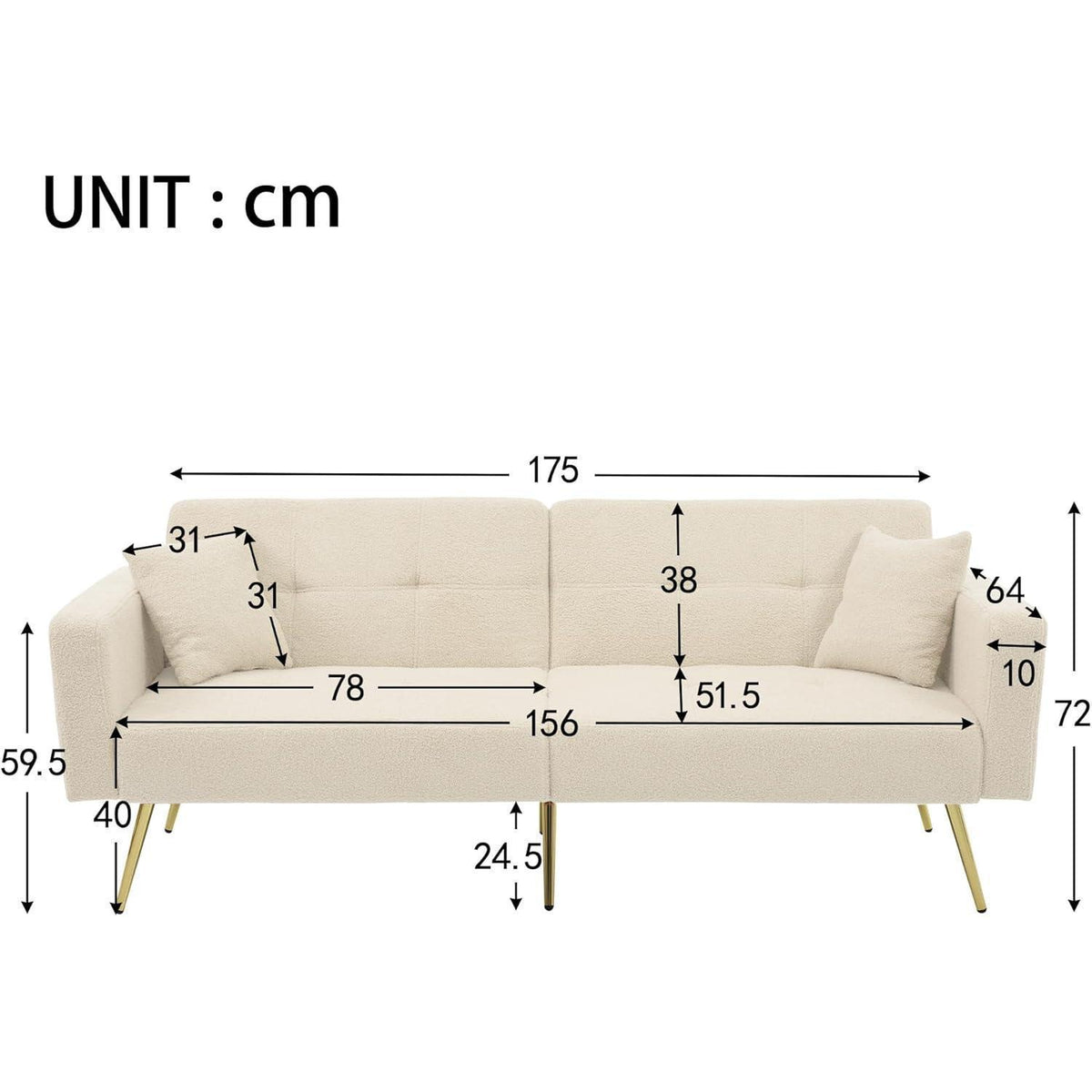 Schlafsofa mit verstellbarer Rückenlehne & goldenen Beinen (Beige)