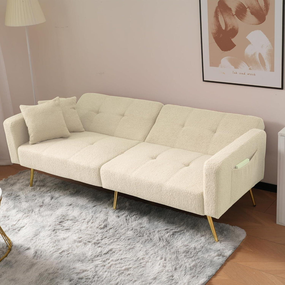 Schlafsofa mit verstellbarer Rückenlehne & goldenen Beinen (Beige)