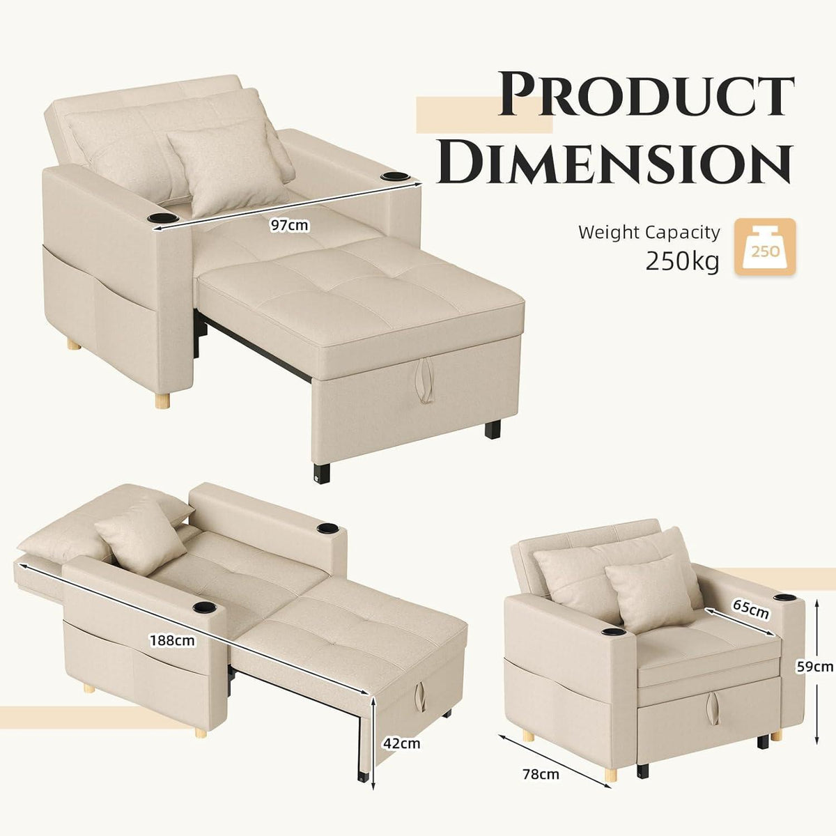 Extrabreites Schlafsofa 97cm mit Bettkasten & Verstelllehne