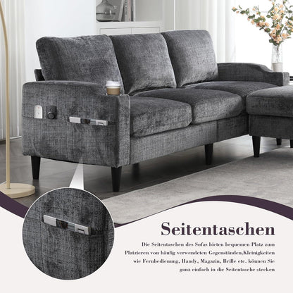 Ecksofa mit Schlaffunktion, 4-Sitzer, Schwarz