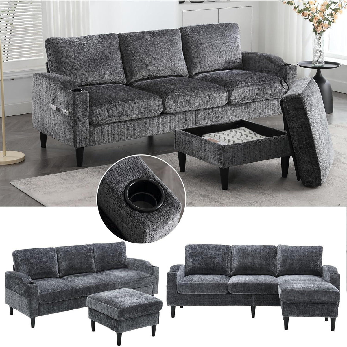 Ecksofa mit Schlaffunktion, 4-Sitzer, Schwarz