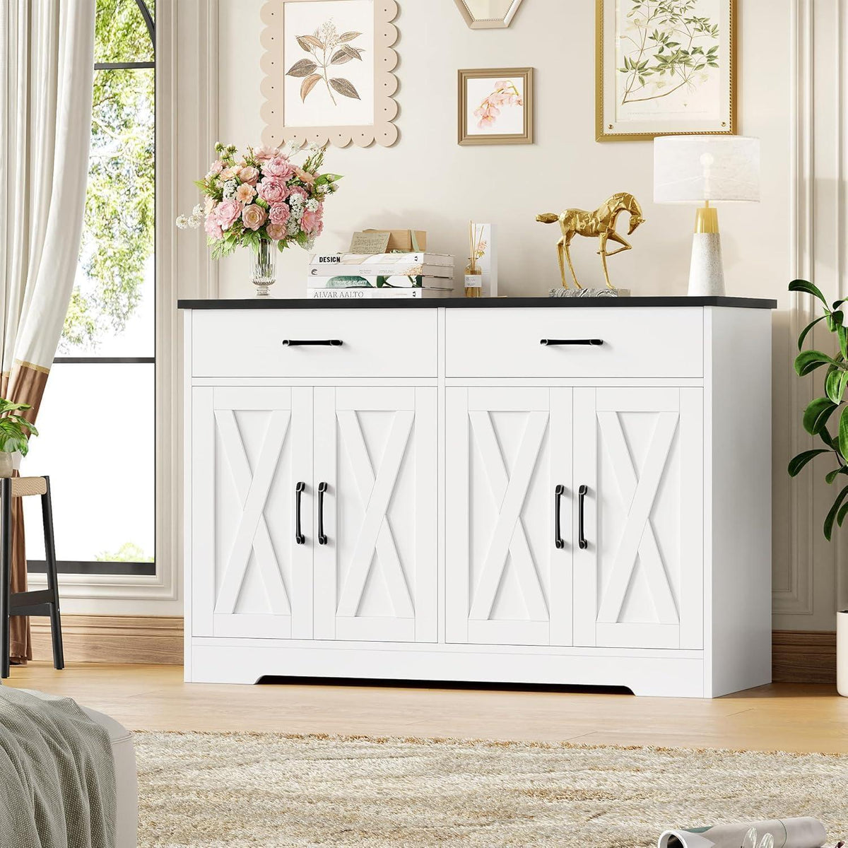 Sideboard 120cm mit Arbeitsplatte – Küchenschrank Weiß & Schwarz