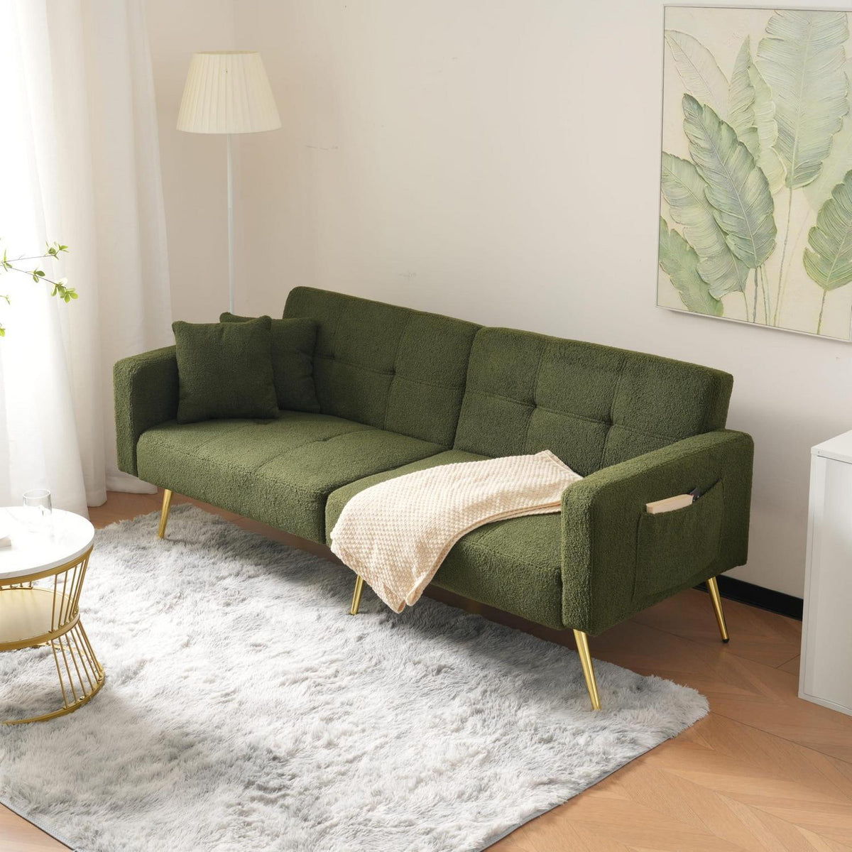 Schlafsofa mit verstellbarer Rückenlehne & goldenen Beinen (Grün)