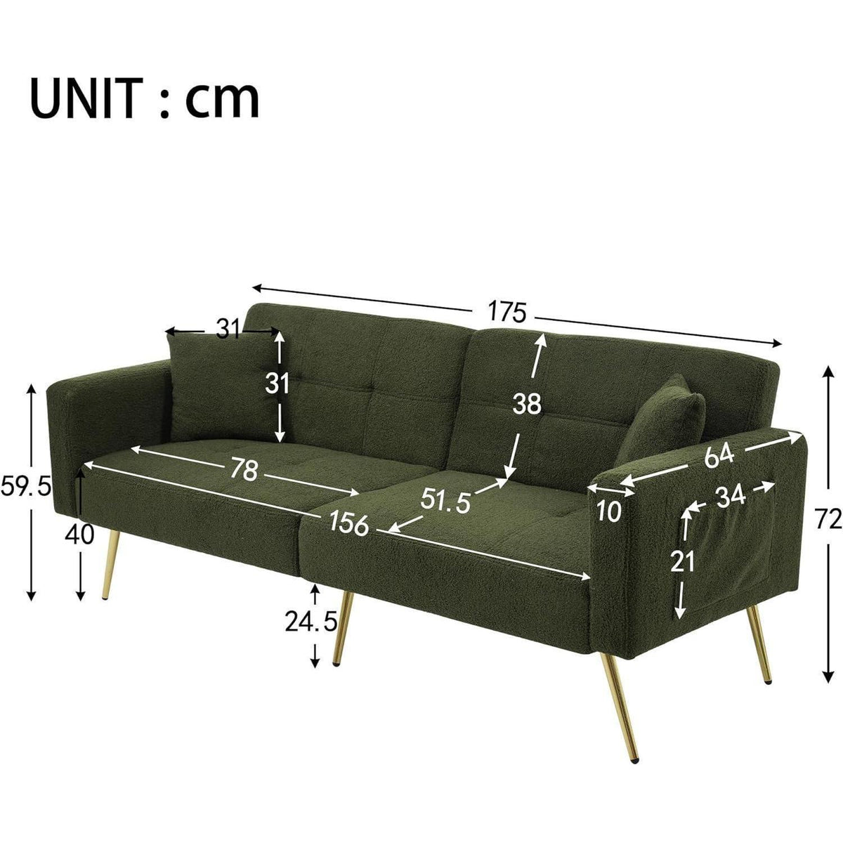 Schlafsofa mit verstellbarer Rückenlehne & goldenen Beinen (Grün)