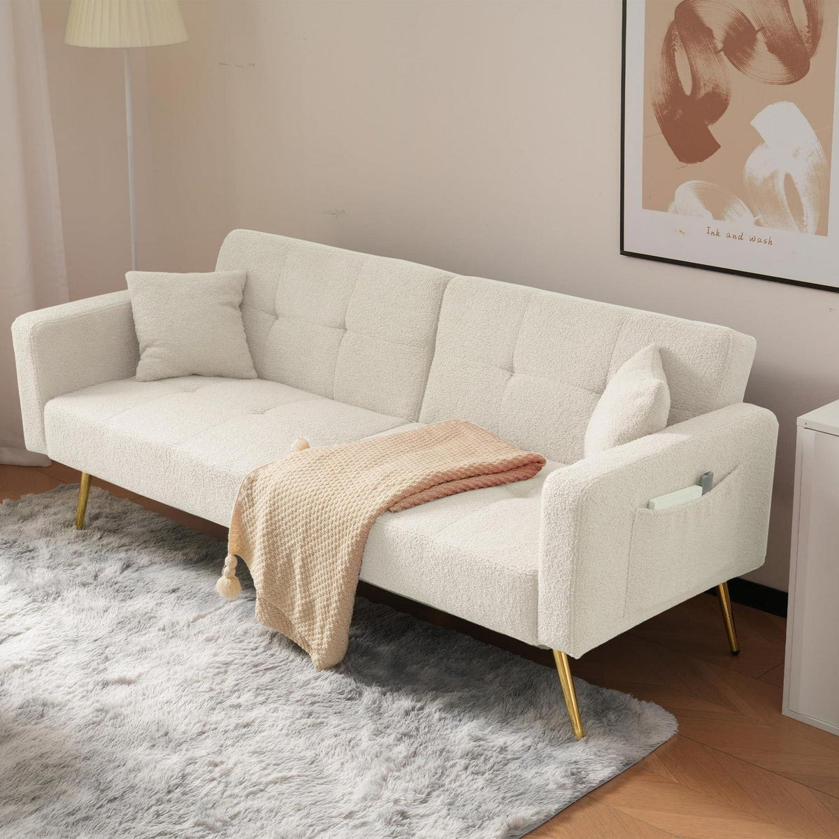 Schlafsofa mit verstellbarer Rückenlehne & goldenen Beinen (Weiß)