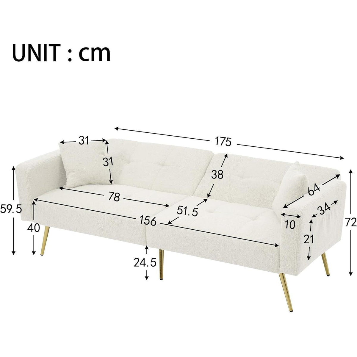 Schlafsofa mit verstellbarer Rückenlehne & goldenen Beinen (Weiß)