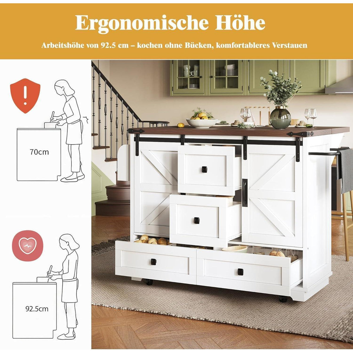 Küchenwagen mit Klappplatte & Regalen – Mobile Kücheninsel Weiß
