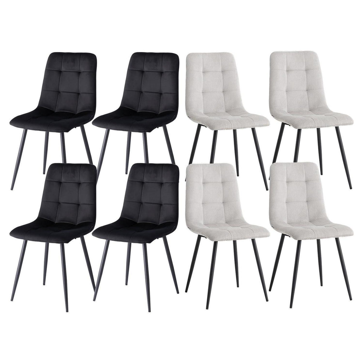 8 Esszimmerstühle Modern, Samt & Cord, Schwarz + Hellgrau