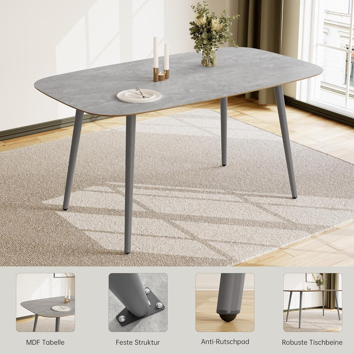 Moderner Esstisch für 4-6 Personen | 120cm Graues Holz mit Metallbeinen