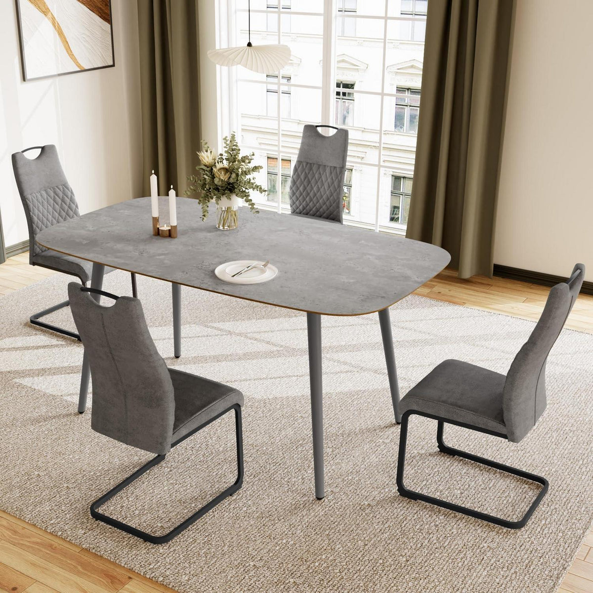 Moderner Esstisch mit 4 Stühlen – Grau, 120cm