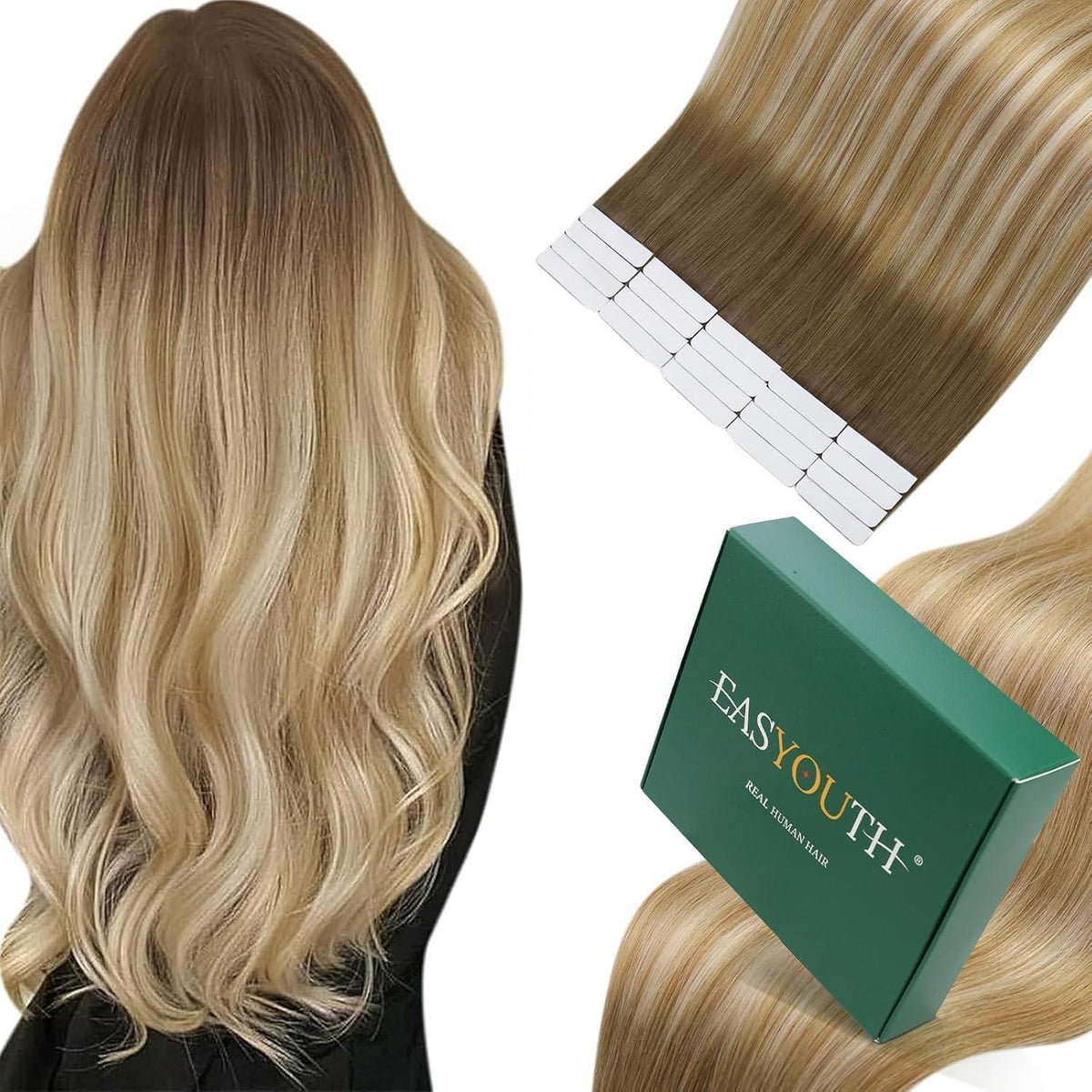 Echthaar Tape Extensions Balayage Braun Ombre Hellblond 50cm