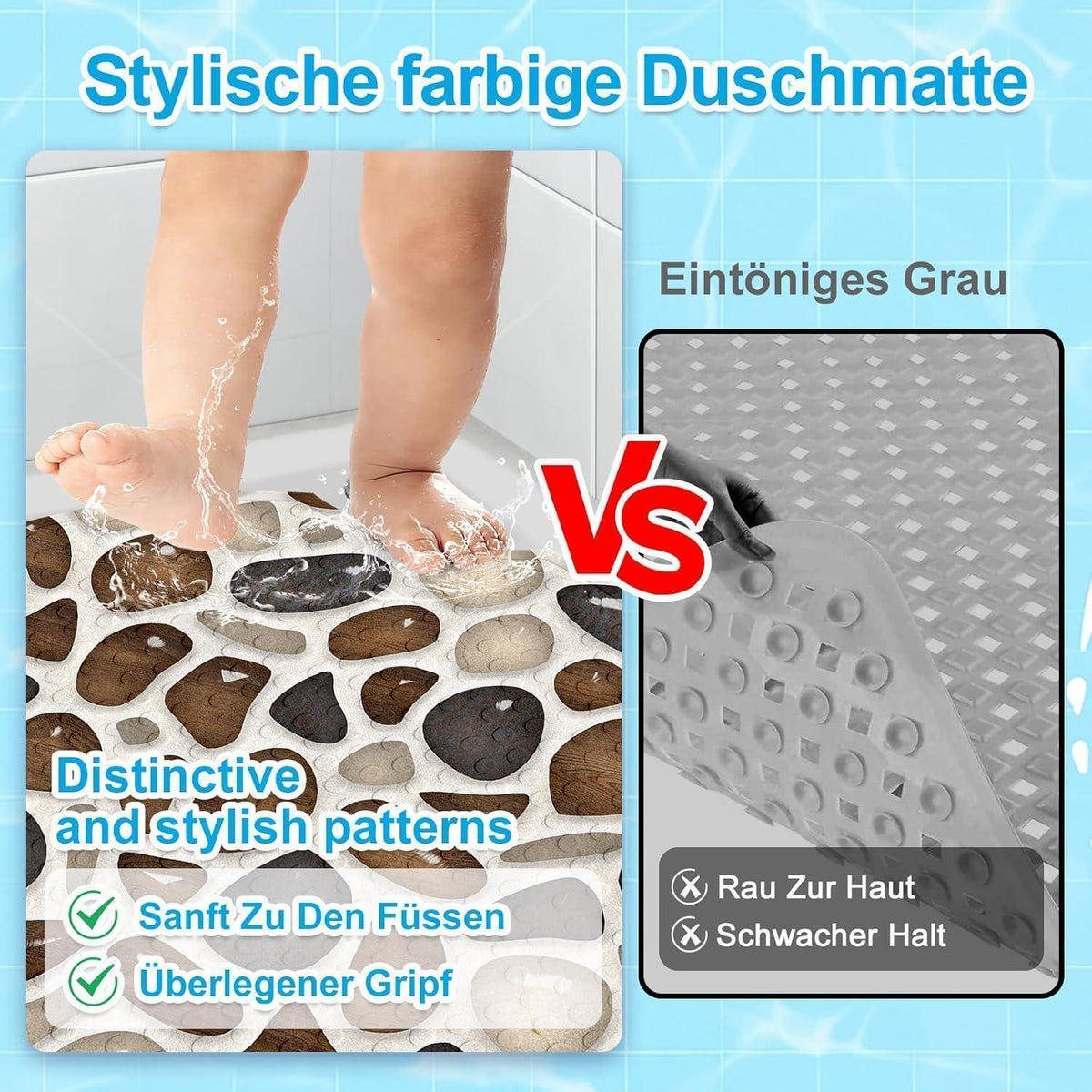 Rutschfeste Duschmatte Eckig 55x55cm – Braun mit Saugnäpfen