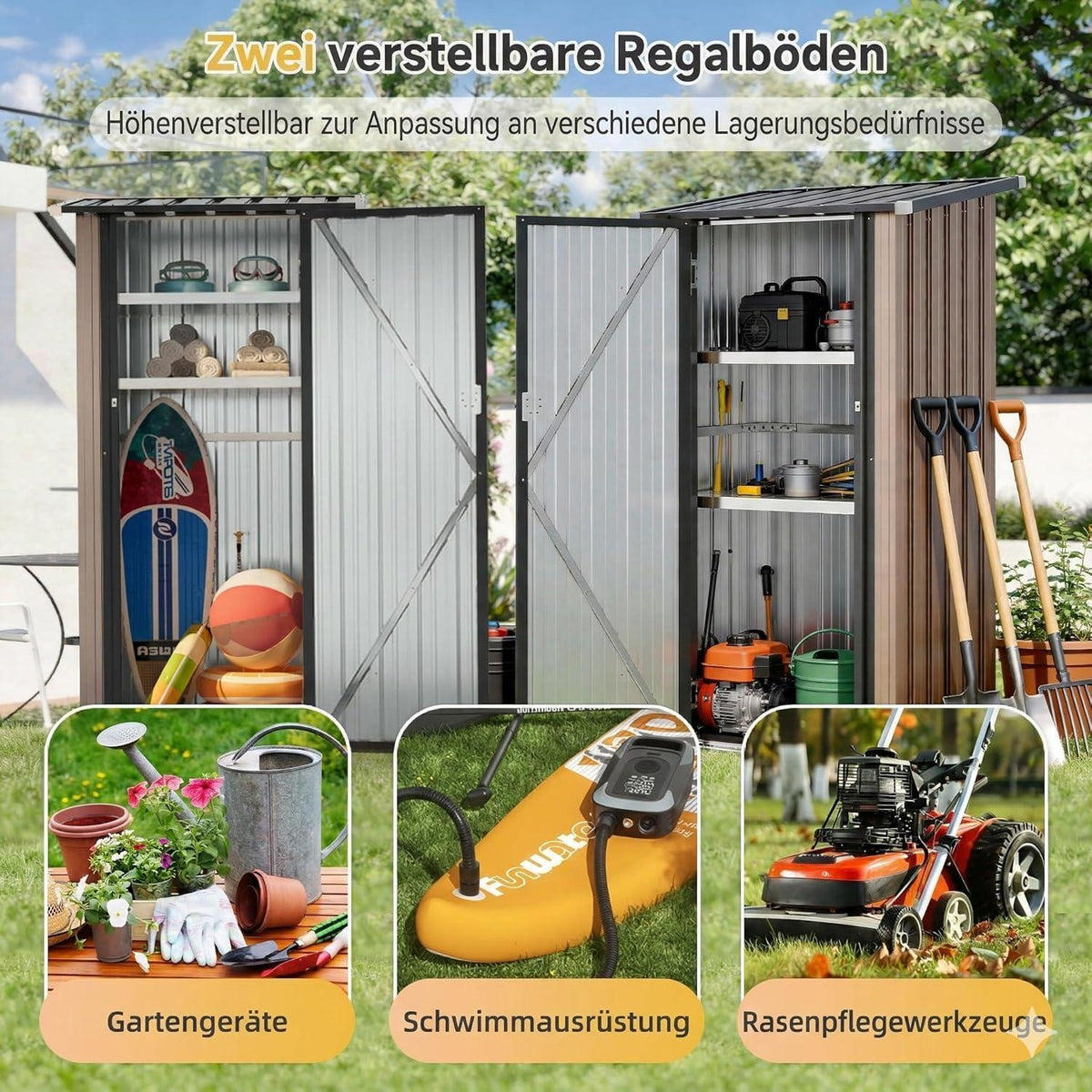 Metall Gerätehaus mit Regalböden – Braun, 88x54x164cm