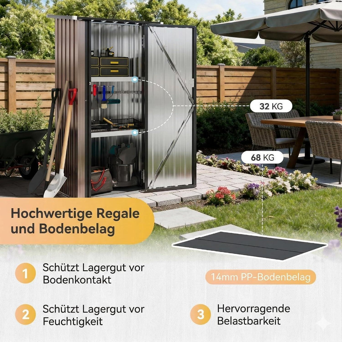 Metall Gerätehaus mit Regalböden – Braun, 88x54x164cm