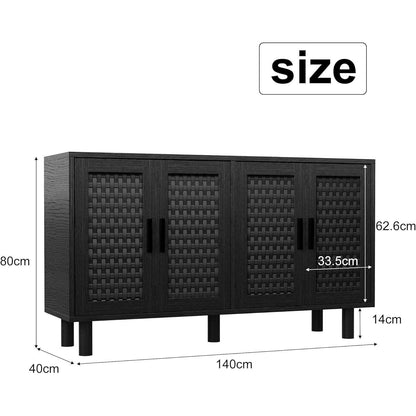 Retro Sideboard mit Rattan – 140x40x80cm, verstellbare Böden