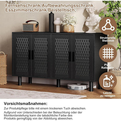 Retro Sideboard mit Rattan – 140x40x80cm, verstellbare Böden