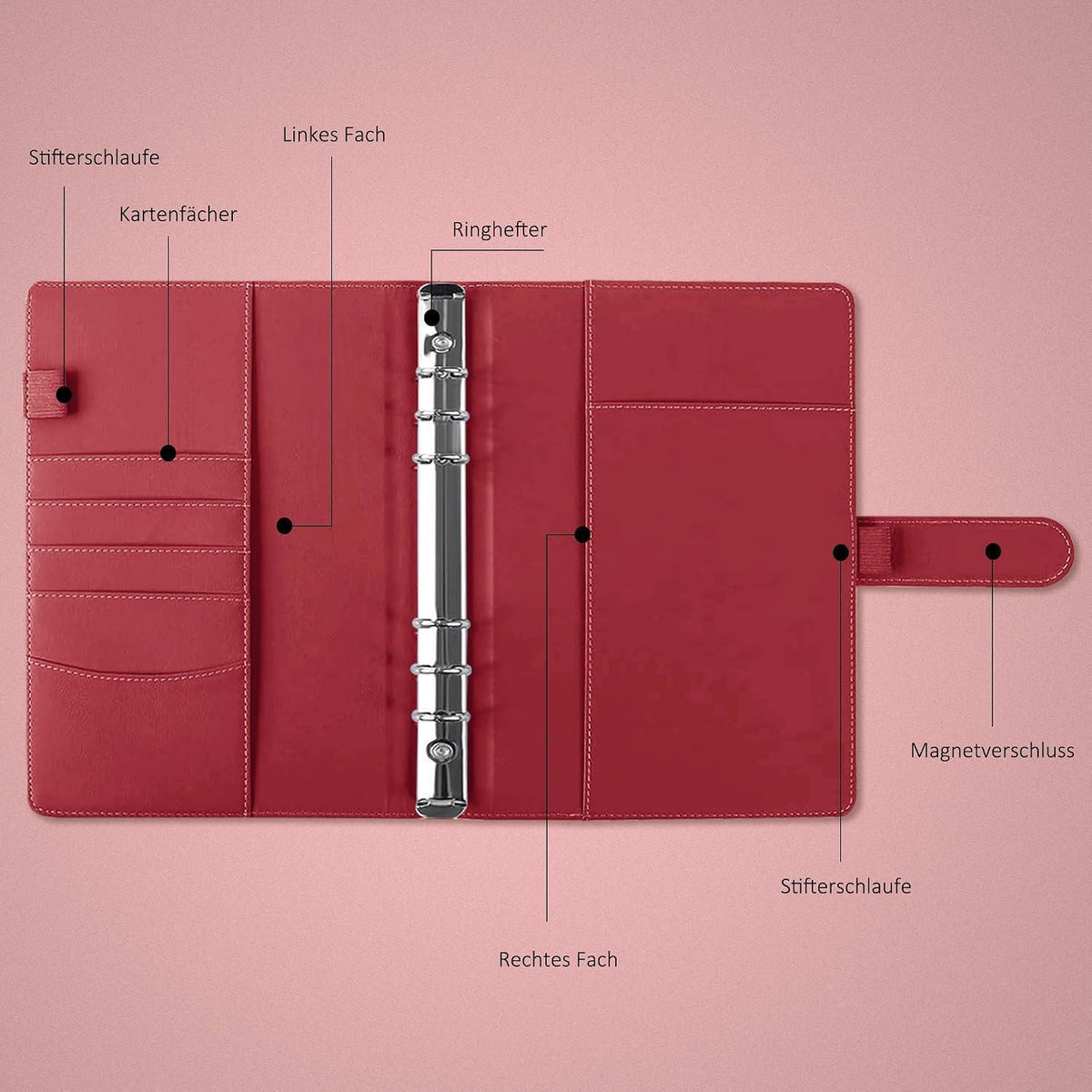 A5 Ringbuch Notizbuch, mit Trennblättern, Rot in Lederoptik