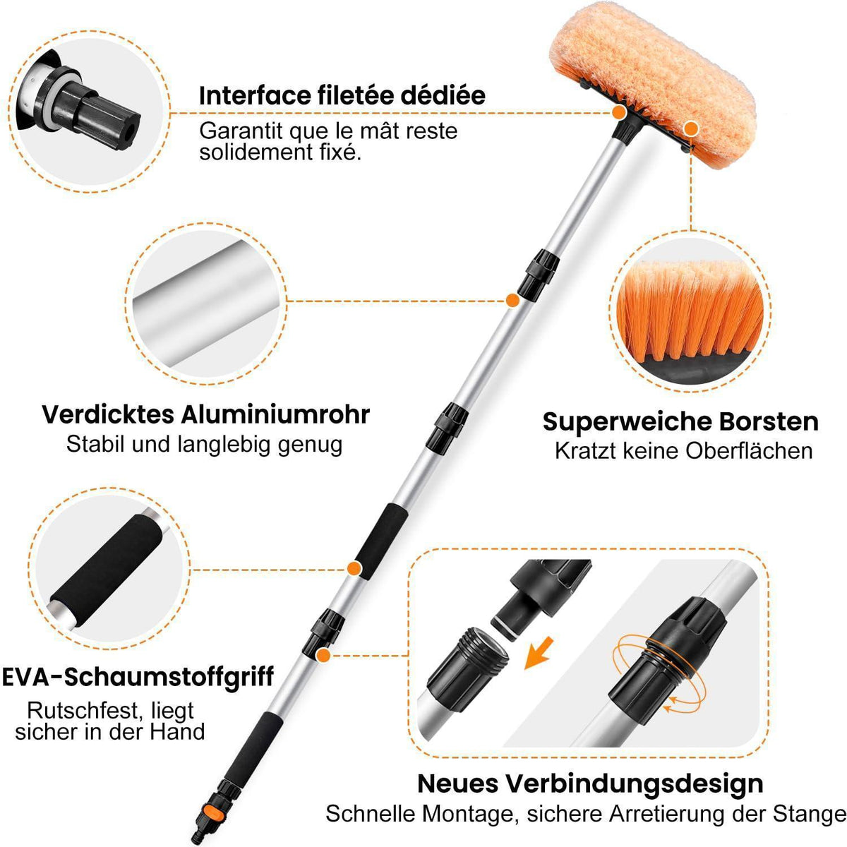 Autowaschbürste mit langem Griff und Wasseranschluss, 160cm