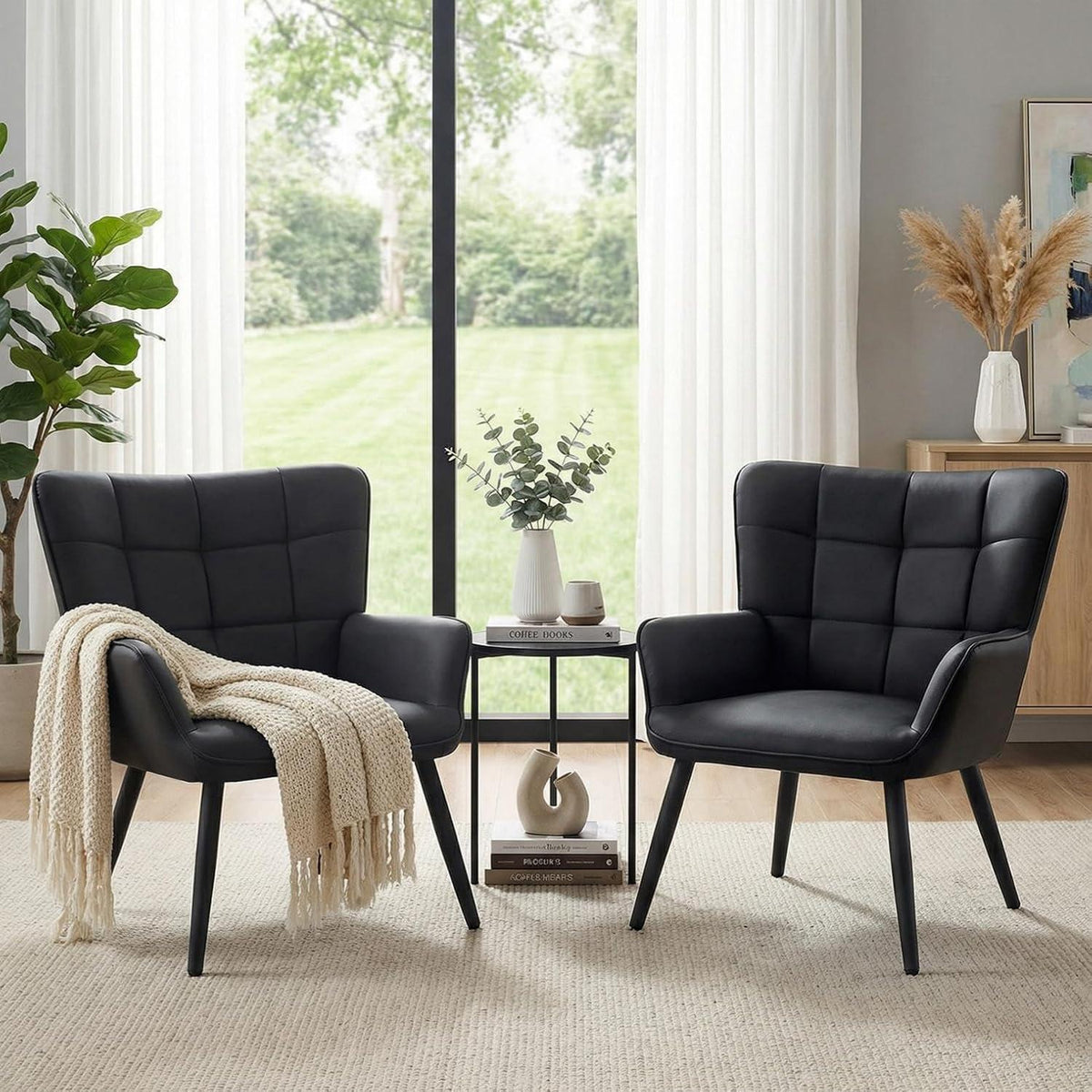 2er Set Ohrensessel Wohnzimmer Schwarz - Skandinavischer Stil