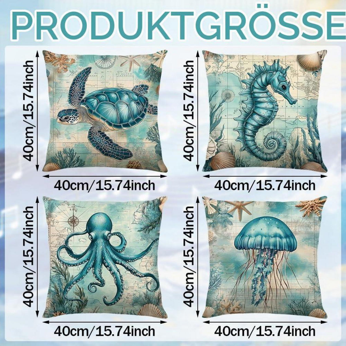 4er-Set Maritime Kissenbezüge 40x40cm - Ozean Dekor