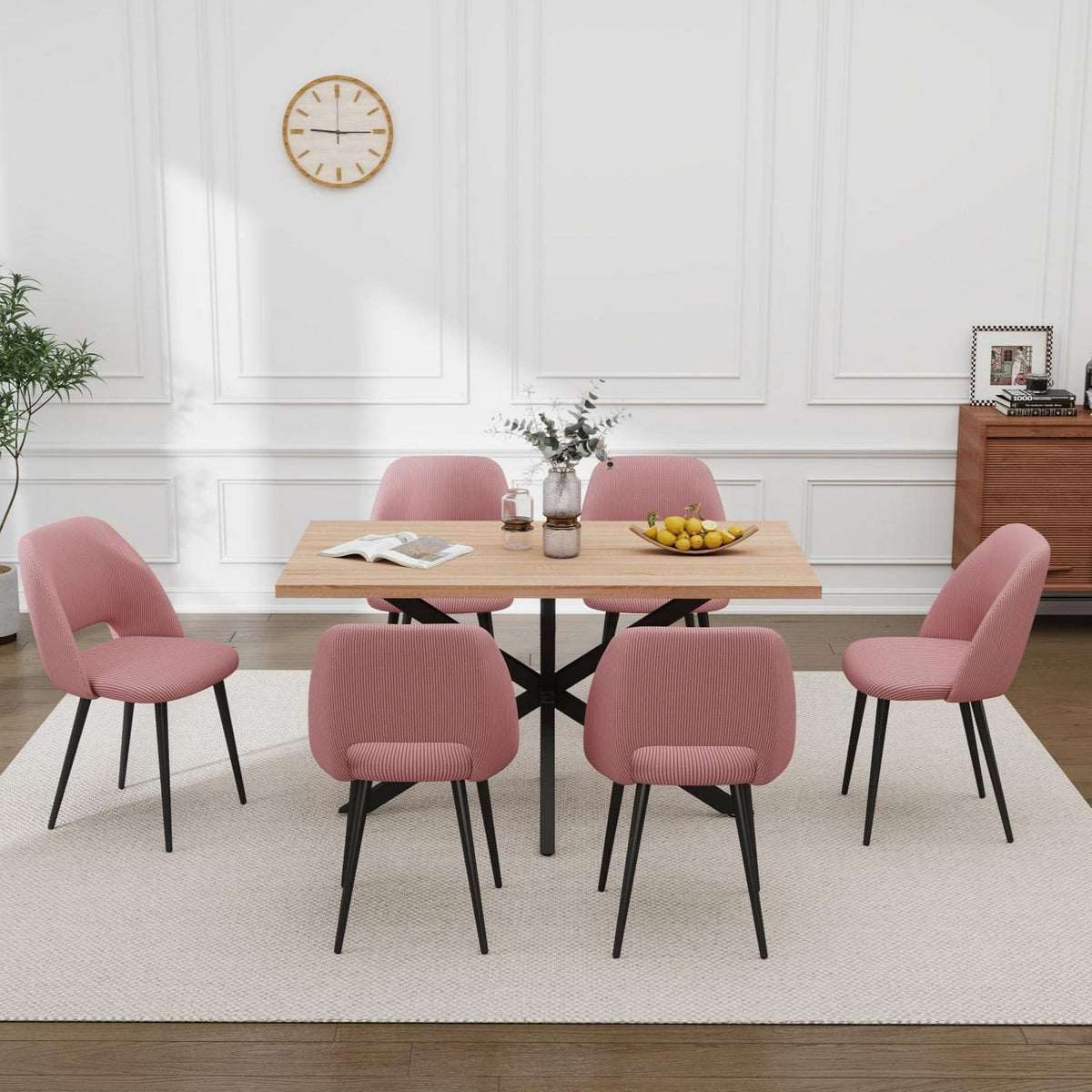 Esstisch Set mit 6 Cord-Stühlen – Modern & Rosa