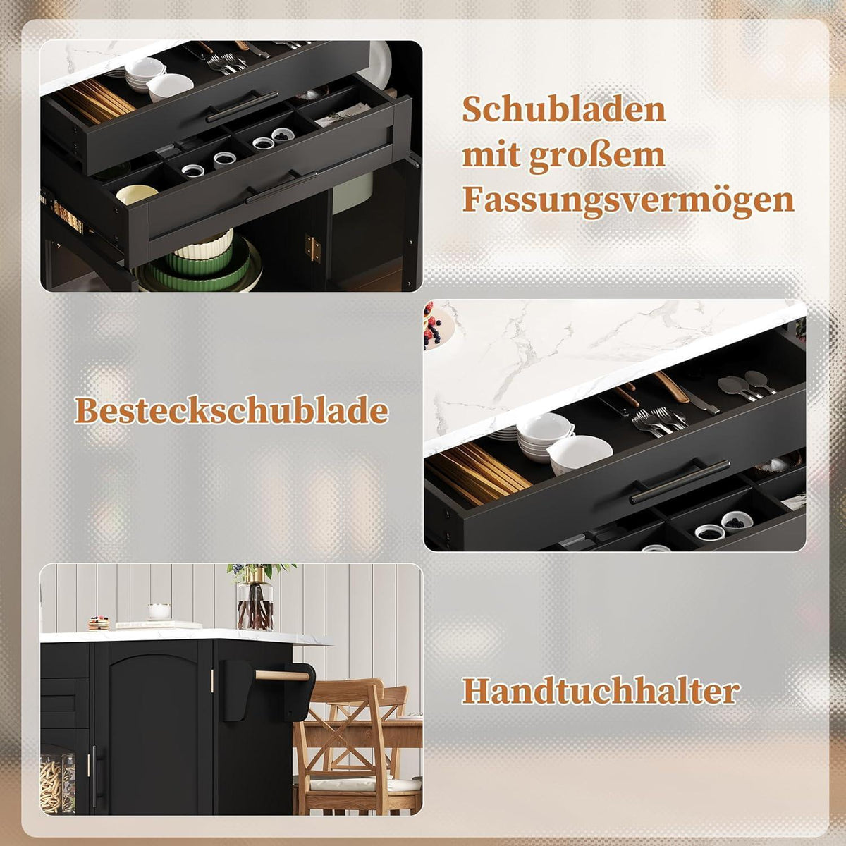 Küchenwagen mit Rollen & Klappplatte – Servierwagen Schwarz