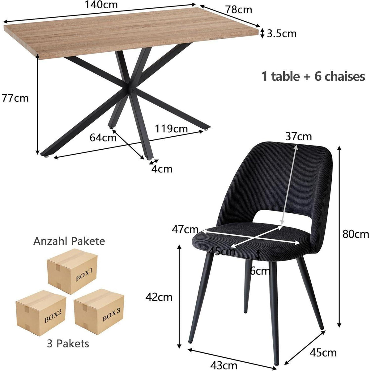 Moderner Esstisch Set mit 6 Cord-Stühlen (140x80cm)