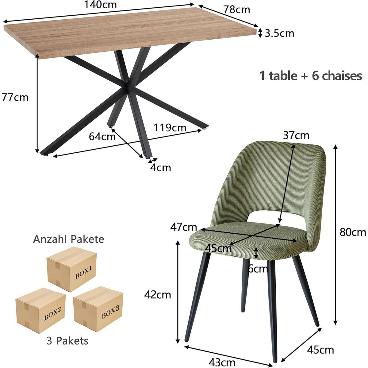 Moderner Esstisch Set mit 6 Cord-Stühlen (140x80cm)