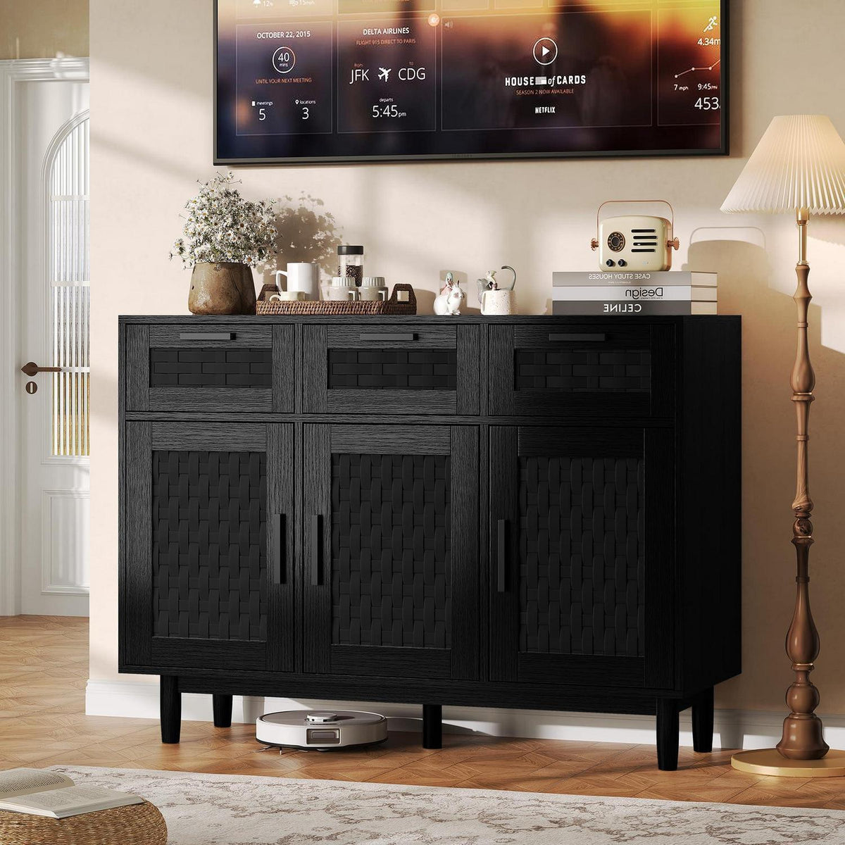 Boho Sideboard Schwarz 108x40x80cm – 3 Schubladen & 3 Türen