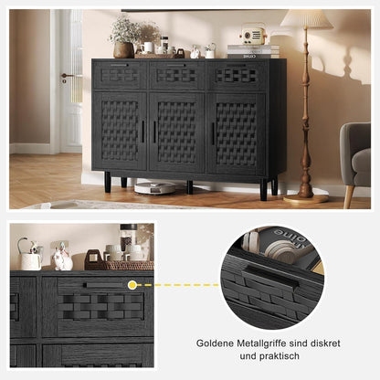 Boho Sideboard Schwarz 108x40x80cm – 3 Schubladen & 3 Türen