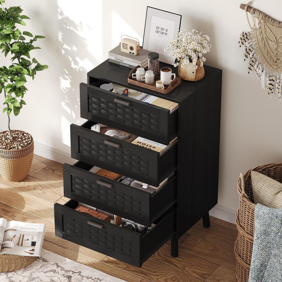 Kommode 4 Schubladen Holz Schwarz 55x40x95cm Flechtoptik