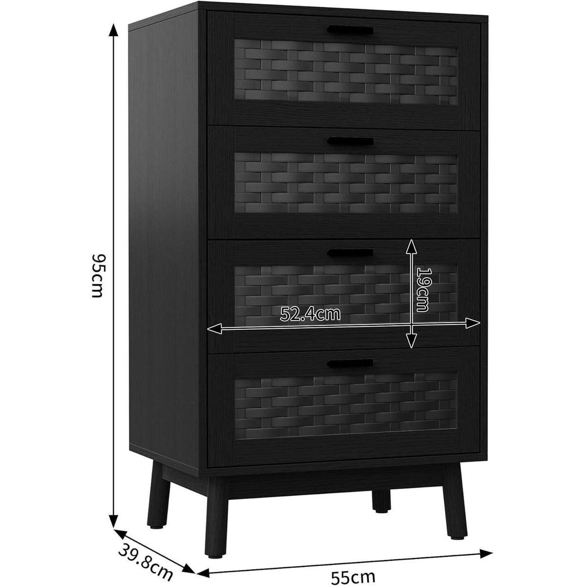 Kommode 4 Schubladen Holz Schwarz 55x40x95cm Flechtoptik