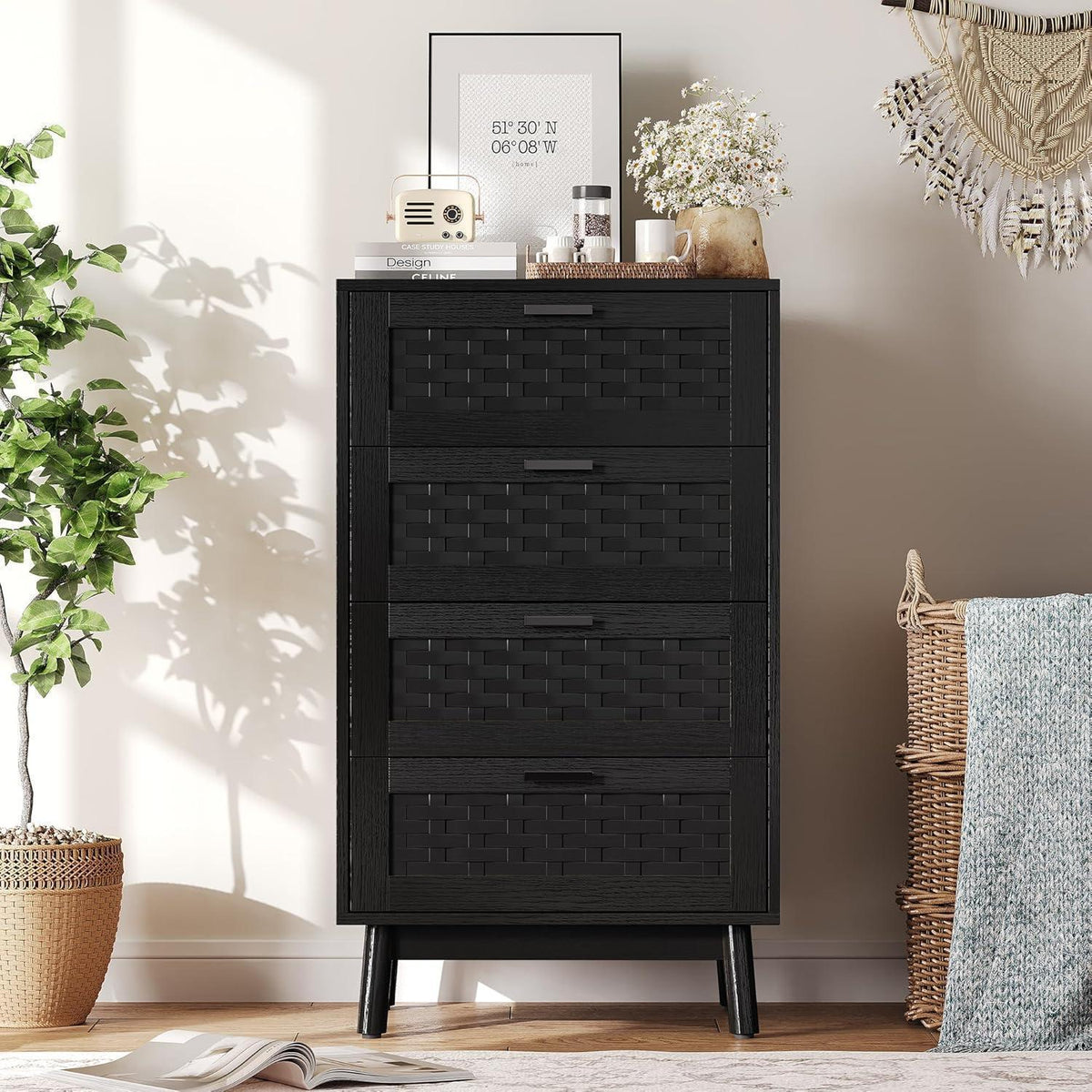 Kommode 4 Schubladen Holz Schwarz 55x40x95cm Flechtoptik