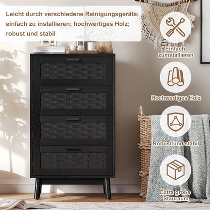 Kommode 4 Schubladen Holz Schwarz 55x40x95cm Flechtoptik
