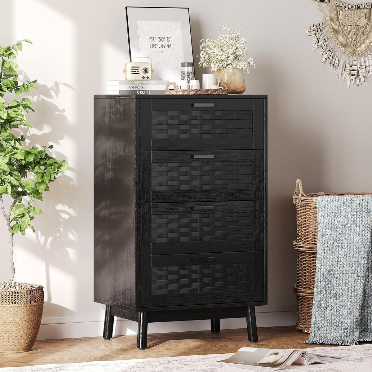 Kommode 4 Schubladen Holz Schwarz 55x40x95cm Flechtoptik