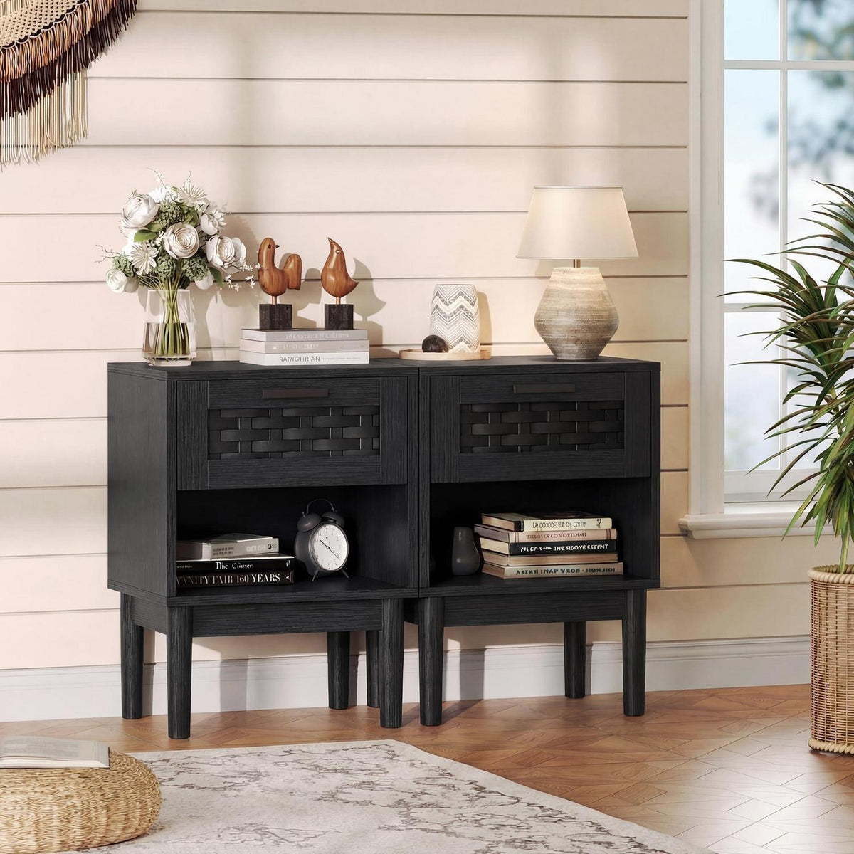 Rattan Nachttisch 2er Set Schwarz – Boho Beistelltisch mit Schublade