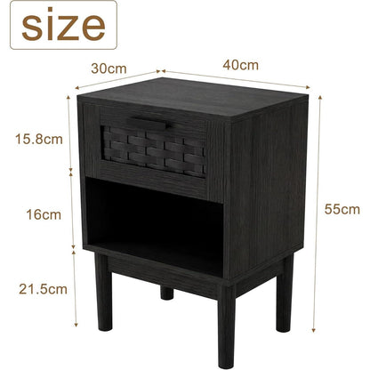 Rattan Nachttisch 2er Set Schwarz – Boho Beistelltisch mit Schublade
