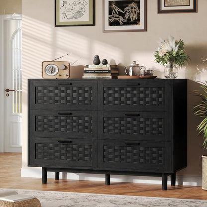 Kommode 6 Schubladen Holz Schwarz 115x40x80cm Flechtoptik