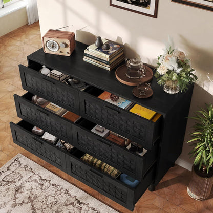 Kommode 6 Schubladen Holz Schwarz 115x40x80cm Flechtoptik