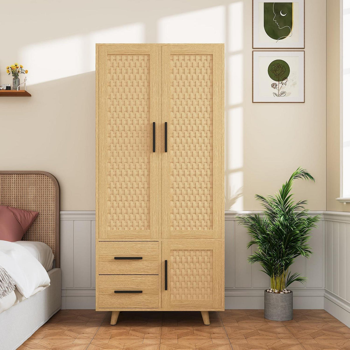 Rattankleiderschrank mit Stange & 2 Schubladen – 80x52x176cm
