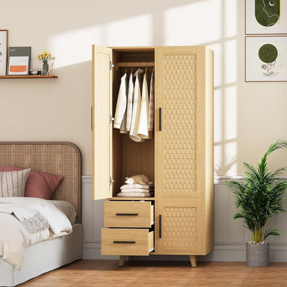 Rattankleiderschrank mit Stange & 2 Schubladen – 80x52x176cm
