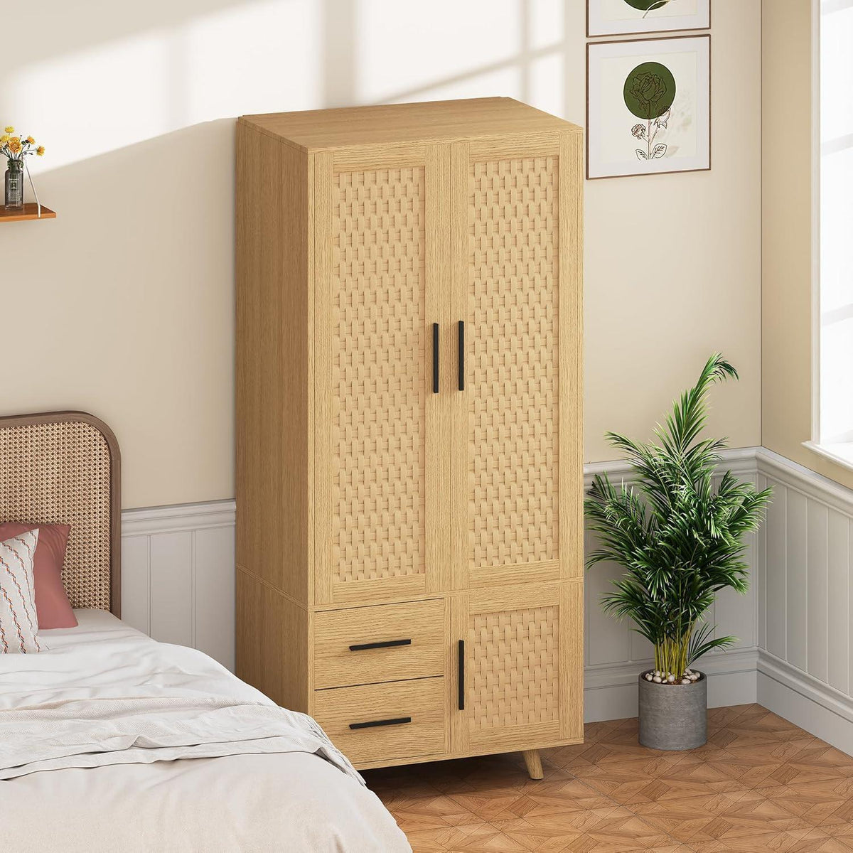 Rattankleiderschrank mit Stange & 2 Schubladen – 80x52x176cm