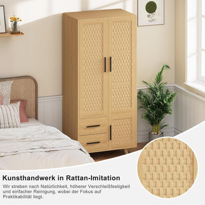 Rattankleiderschrank mit Stange & 2 Schubladen – 80x52x176cm