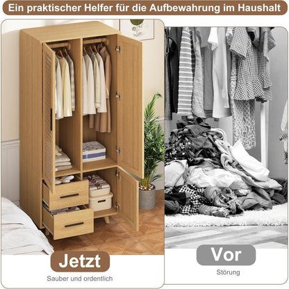 Rattankleiderschrank mit Stange & 2 Schubladen – 80x52x176cm