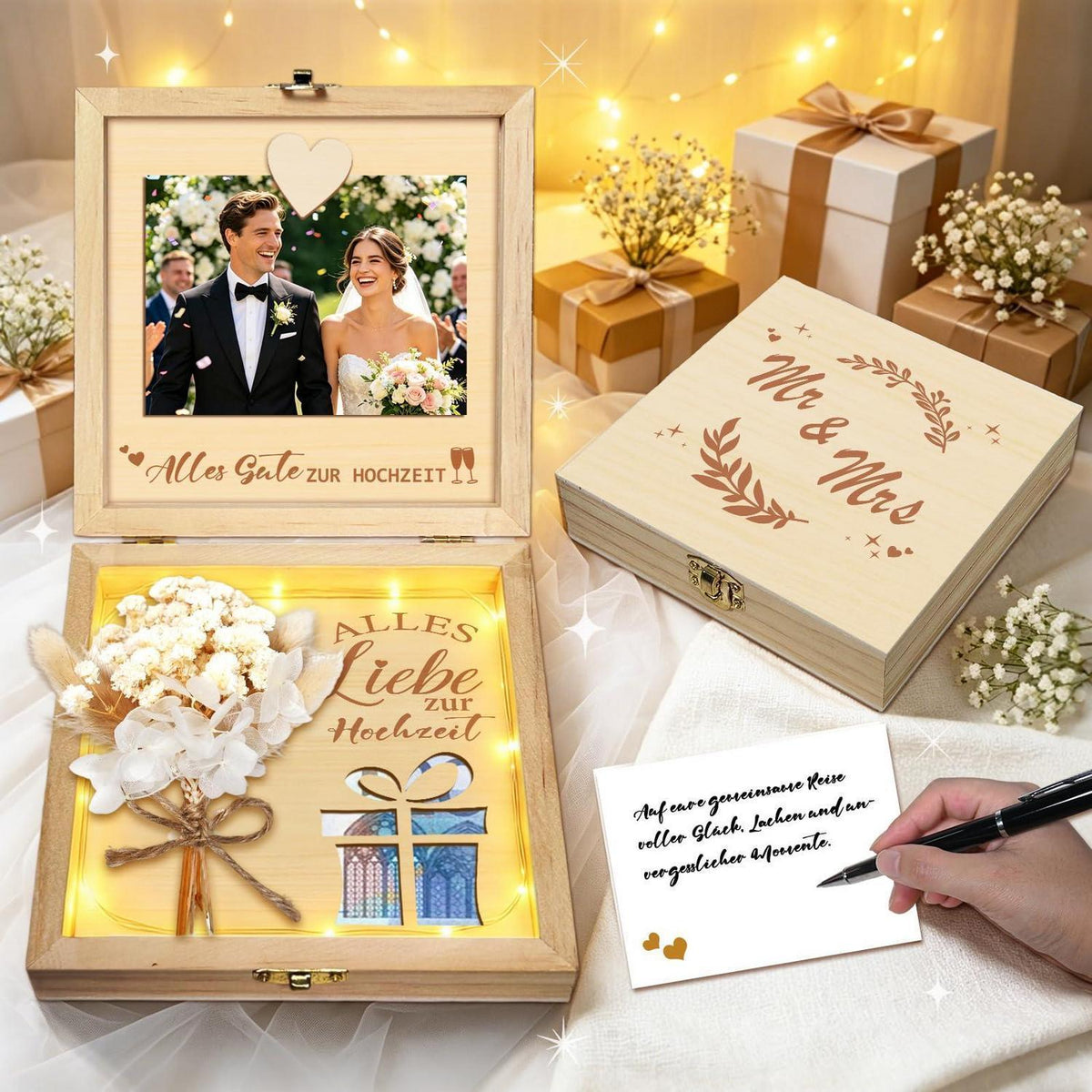 Holz Geldgeschenk Hochzeit mit Karte & Lichterkette