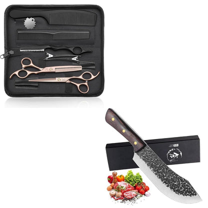 Friseurscheren Set & Kochmesser Bundle – Profi Haarschneideschere + 30cm Fleischmesser